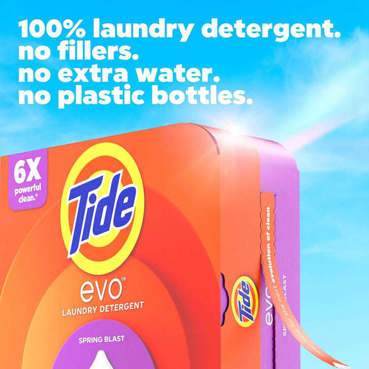 Tide evo Spring Blast Scent Laundry Detergent Fiber Tiles Works on 100% of Common Stains Safe for All Machines and Water Conditions Concentrated HE Compatible Clean and Instant Dissolve, 42 Count