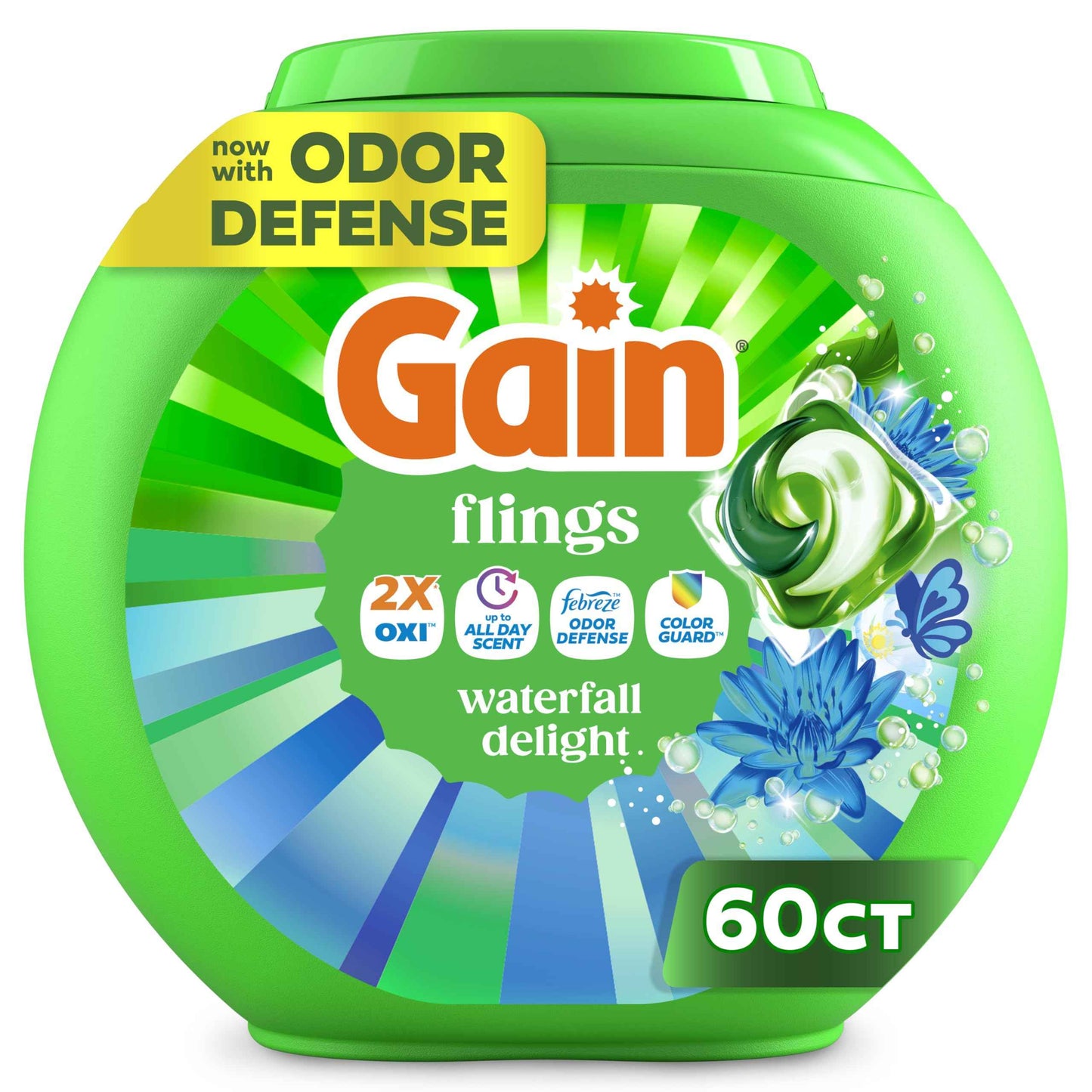 Gain Flings Liquid Washing Detergent Pacs, Now with Odor Defense + Color Guard, Waterfall Delight Scent, 4-In-1 Liquid Laundry Detergent Pods, Clean & Fresh