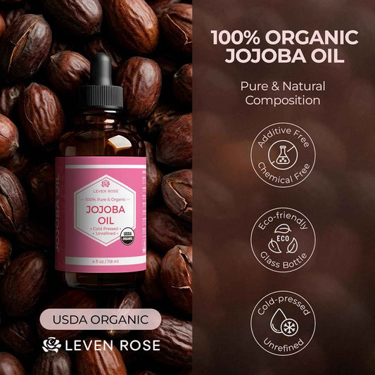 Leven Rose Jojoba Oil Organic, Pure Cold Pressed Carrier Oil, Natural Unrefined Moisturizer for Skin Hair and Nails