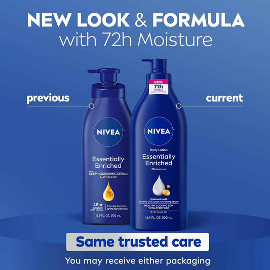 NIVEA Essentially Enriched Body Lotion for Very Dry Skin with Hyaluronic Acid, Almond Oil and Deep Nourishing Serum, 72-Hour Body Moisturizer, 16.9 Fl Oz Pump Bottle