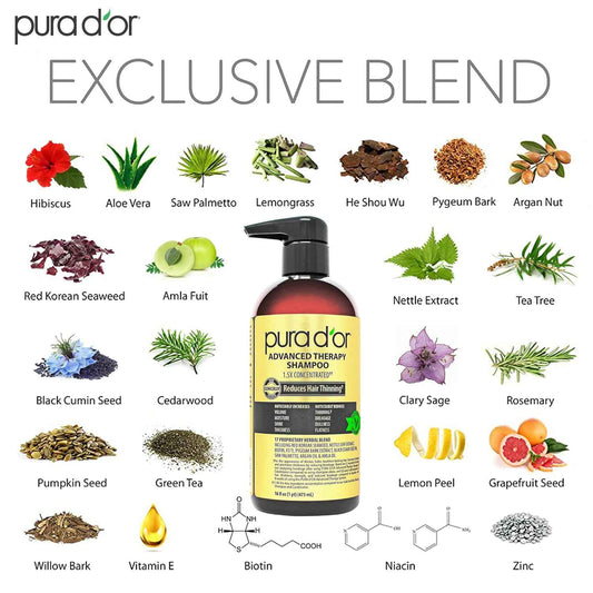 PURA D'OR Advanced Therapy Shampoo Reduces Hair Thinning & Increases Volume, No SLS, Biotin Shampoo Infused w/Argan Oil, Aloe Vera for All Hair Types, Men & Women, Invigorating Forest Scent 16 Fl Oz