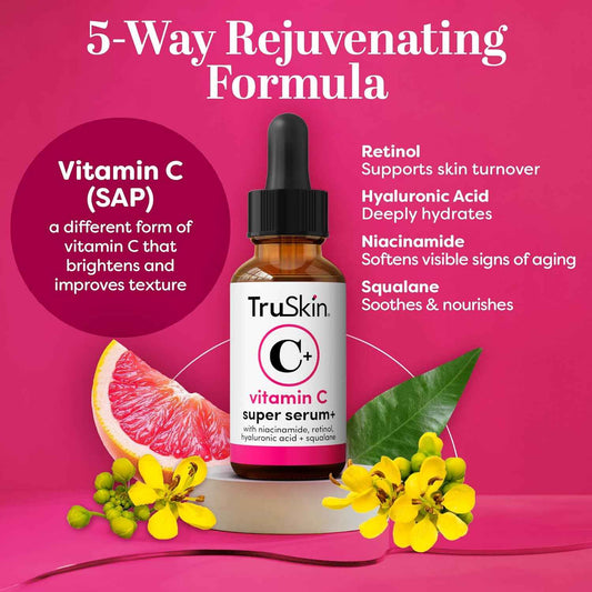 TruSkin Vitamin C Super Serum for Face - Five Skin Benefits in One Serum with Vitamin C, Retinol, Niacinamide, Hyaluronic Acid & Squalane - Brighten, Firm & Smooth the Look of Skin