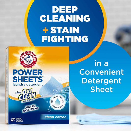 ARM & HAMMER Power Sheets Laundry Detergent Plus OxiClean Stain Fighters, Clean Cotton Scent, 52 Count, 104 Medium Loads