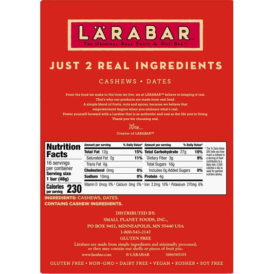 Larabar Cashew Cookie, Fruit and Nut Bars, Gluten Free and Vegan, 27.2 oz, 16 Ct