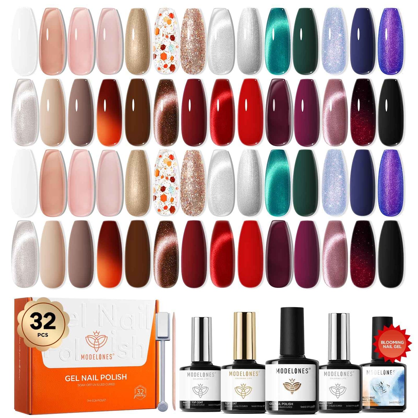 modelones 32 PCS Gel Nail Polish Set, 28 Colors Gel Polish with No Wipe Base Coat, Glitter & Glossy & Matte Top Coat Black Brown Red Purple Soak Off LED Nail Art Kit Salon at Home