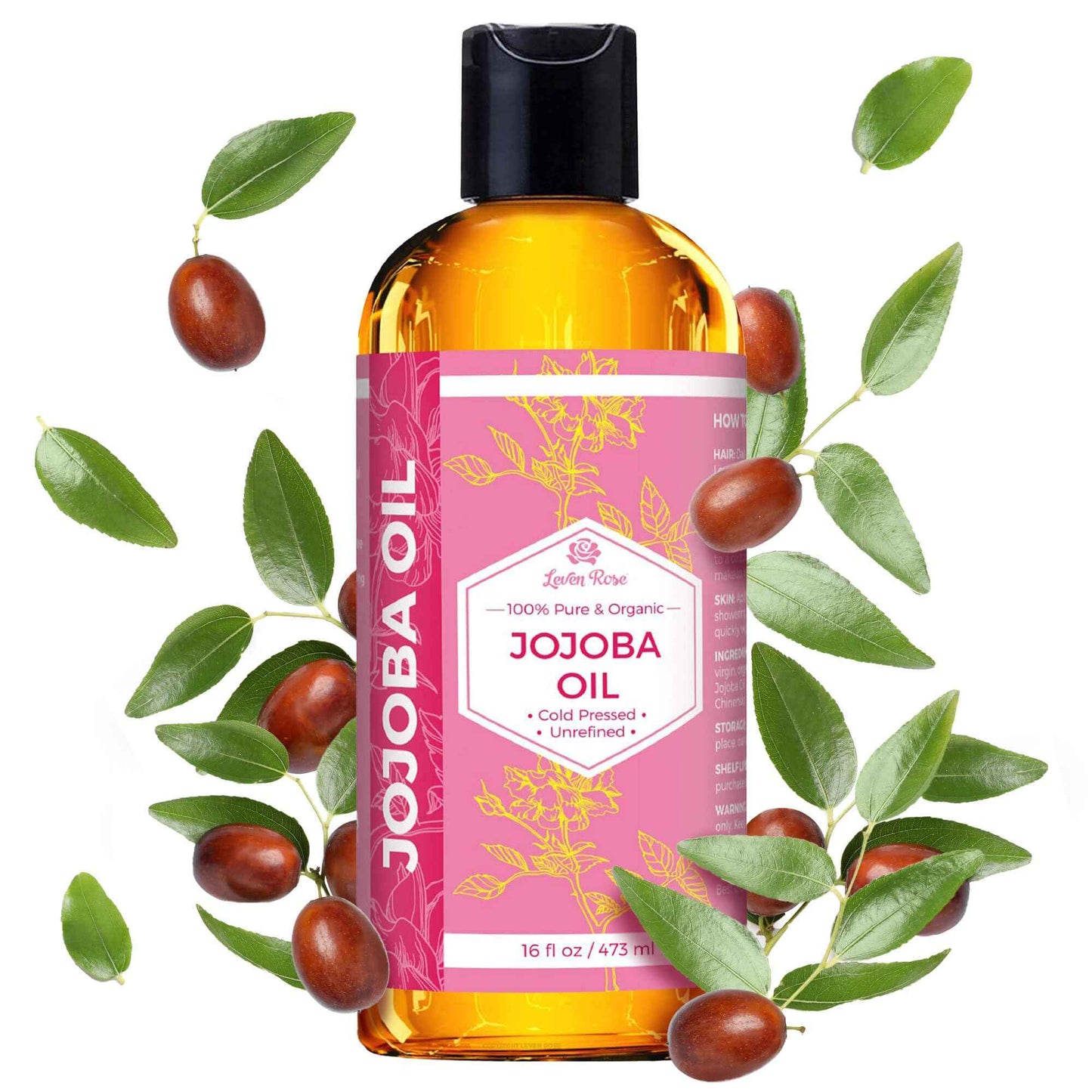 Leven Rose Jojoba Oil Organic, Pure Cold Pressed Carrier Oil, Natural Unrefined Moisturizer for Skin Hair and Nails