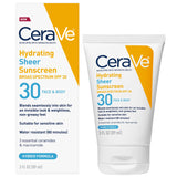 CeraVe Hydrating Sheer Sunscreen with SPF 30 for Face and Body, Mineral & Chemical Sunscreen for Men & Women with Zinc Oxide, Hyaluronic Acid and Ceramides, Paraben-Free + Fragrance-Free