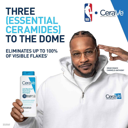 CeraVe Hydrating Anti Dandruff Shampoo, 1% Pyrithione Zinc Dandruff Treatment With Ceramides, Niacinamide & Hyaluronic Acid, Helps Eliminate Flakes & Provides Itchy Scalp Relief, Sulfate Free, 19 Oz