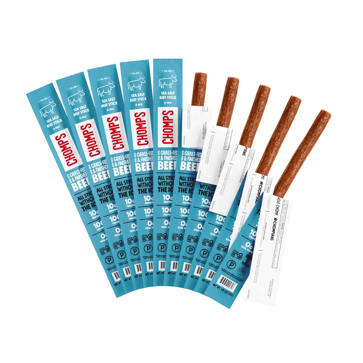 Chomps Grass-Fed and Finished Jerky Snack Sticks 10-Pack - Keto, Paleo, Whole30, 10g Lean Meat Protein, Gluten-Free, Zero Sugar Food, Non-GMO
