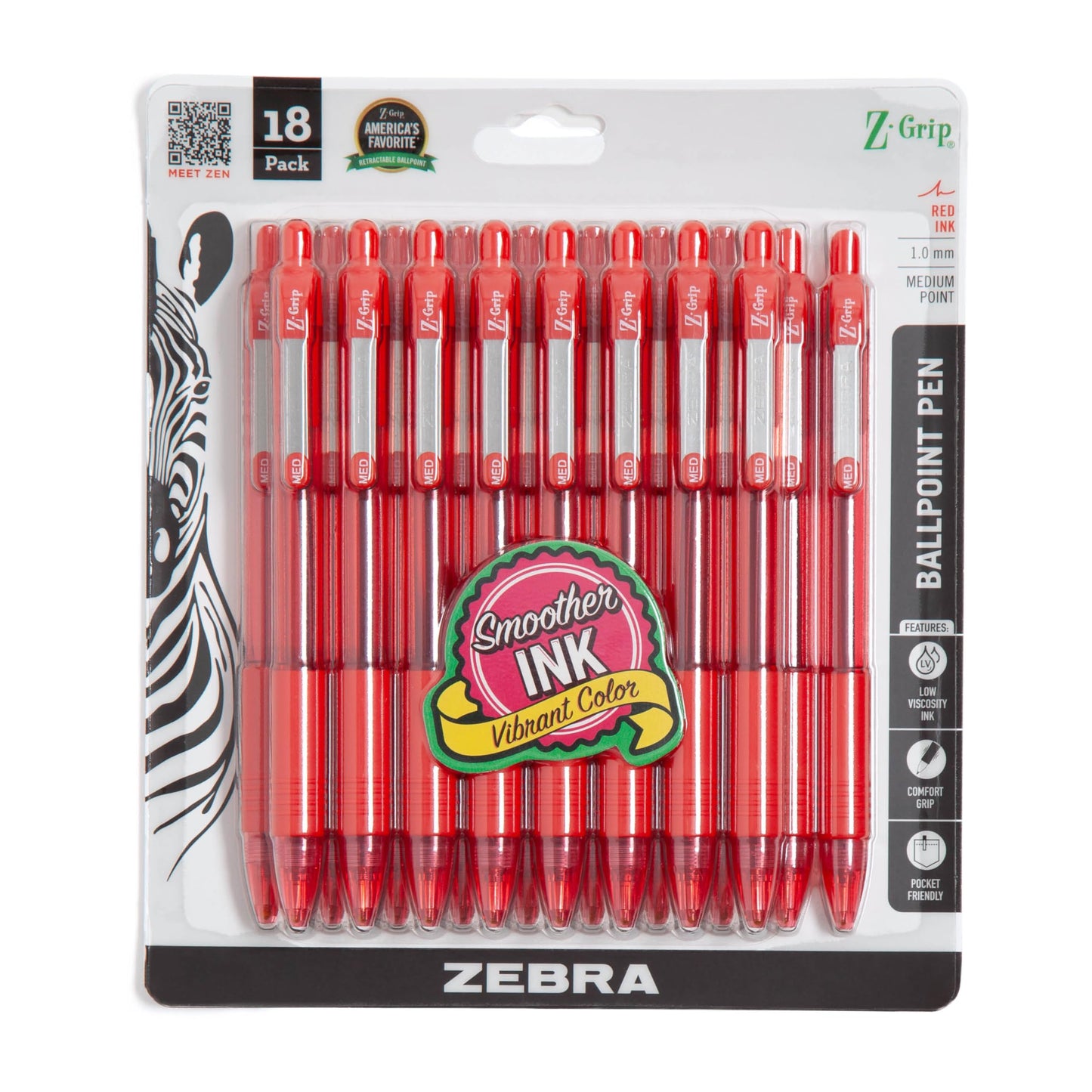 Zebra Pen Z-Grip Retractable Ballpoint Pen, Smooth-Flowing Red Ink, 1.0mm Medium Point, School & Office Supplies, Ideal for Note-Taking, Journal and Planner Use, 18-Pack (22318)
