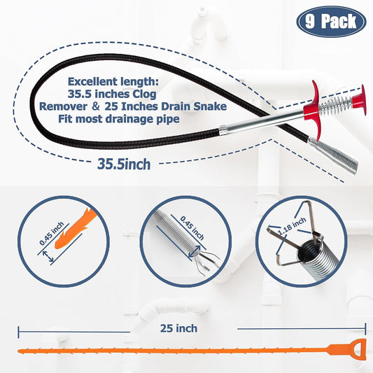 35.5inch_Drain_Clog_Remover(1pcs),_25inch_Drain_Snake_Hair_Remover(6pcs)_&_Cleaning_Brush(2pcs),_Hair_Catcher_Drain_Auger_Cleaner_Tool_Set_For_Toilet,_Kitchen_Sink,_Bathroom_Tub,_Sewer,_9_Pack