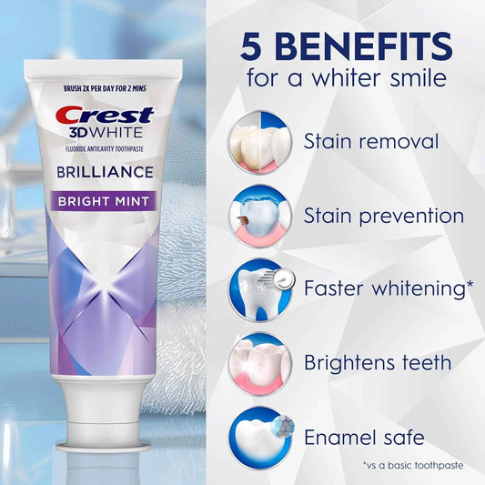 Crest 3D White Brilliance Bright Mint Teeth Whitening Toothpaste, 4.3 oz Pack of 3, 100% More Surface Stain Removal, 24 Hour Active Stain Prevention, Whiter Teeth in 3 Days