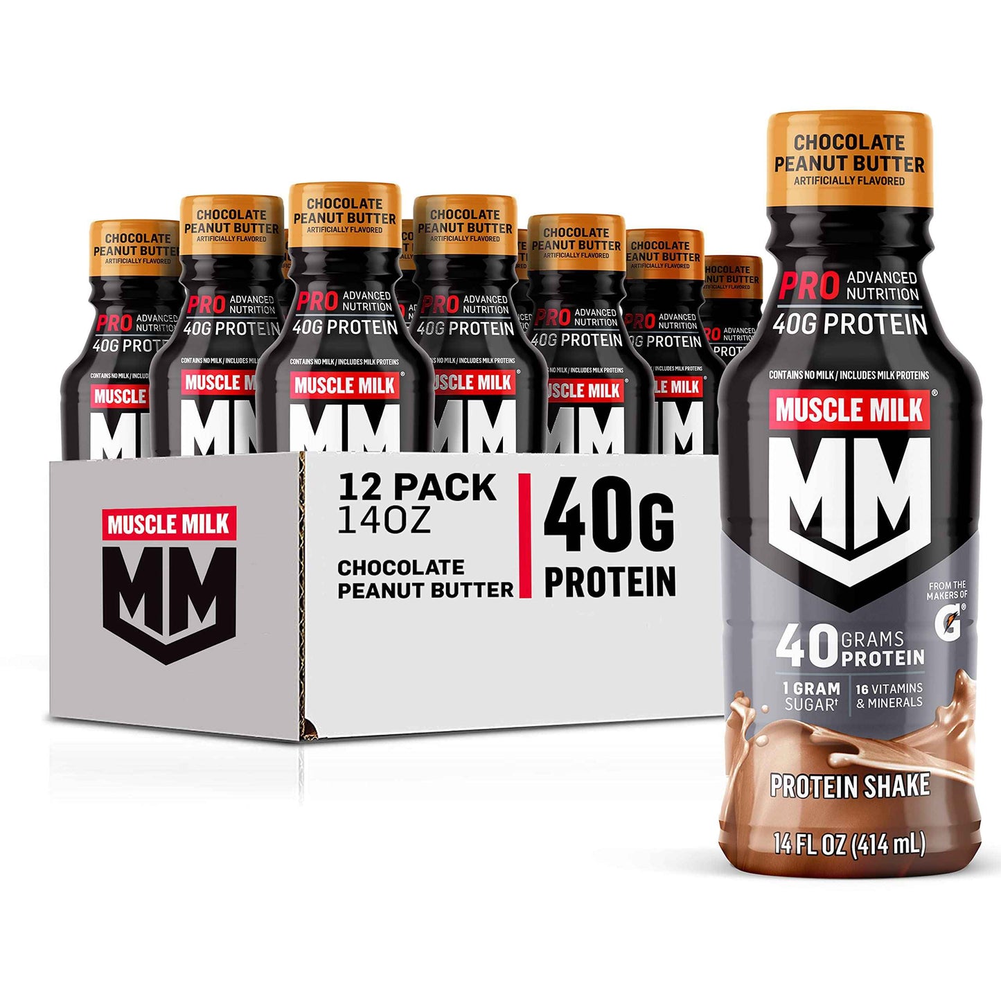 Muscle Milk Pro Advanced Nutrition Protein Shake, 14 Fl Oz Bottle, 12 Pack, 40g Protein, 1g Sugar, 16 Vitamins & Minerals, 6g Fiber, Workout Recovery, Packaging May Vary