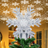Christmas Tree Topper Star Lighted with LED Rotating Silver Snowflake Projector, Plug in Christmas Star Tree Topper Ornament 3D Glitter Projection for Indoor Office Party Holiday Xmas Decorations