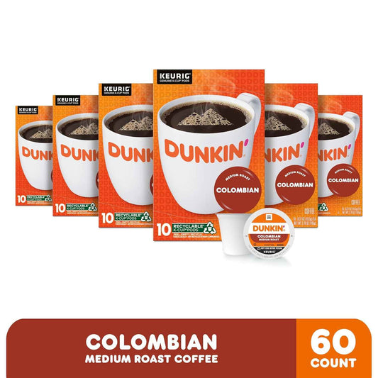 Dunkin’ Colombian Medium Roast Coffee, Keurig K-Cup Pods, 10 Count Boxes (Pack of 6)