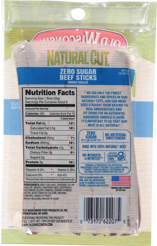 Old Wisconsin Natural Cut Beef Sausage Snack Sticks, Zero Sugar, Naturally Smoked, Ready to Eat, High Protein, Low Carb, Keto, Gluten Free, No Artificial Preservatives or Nitrates, 5 Ounce