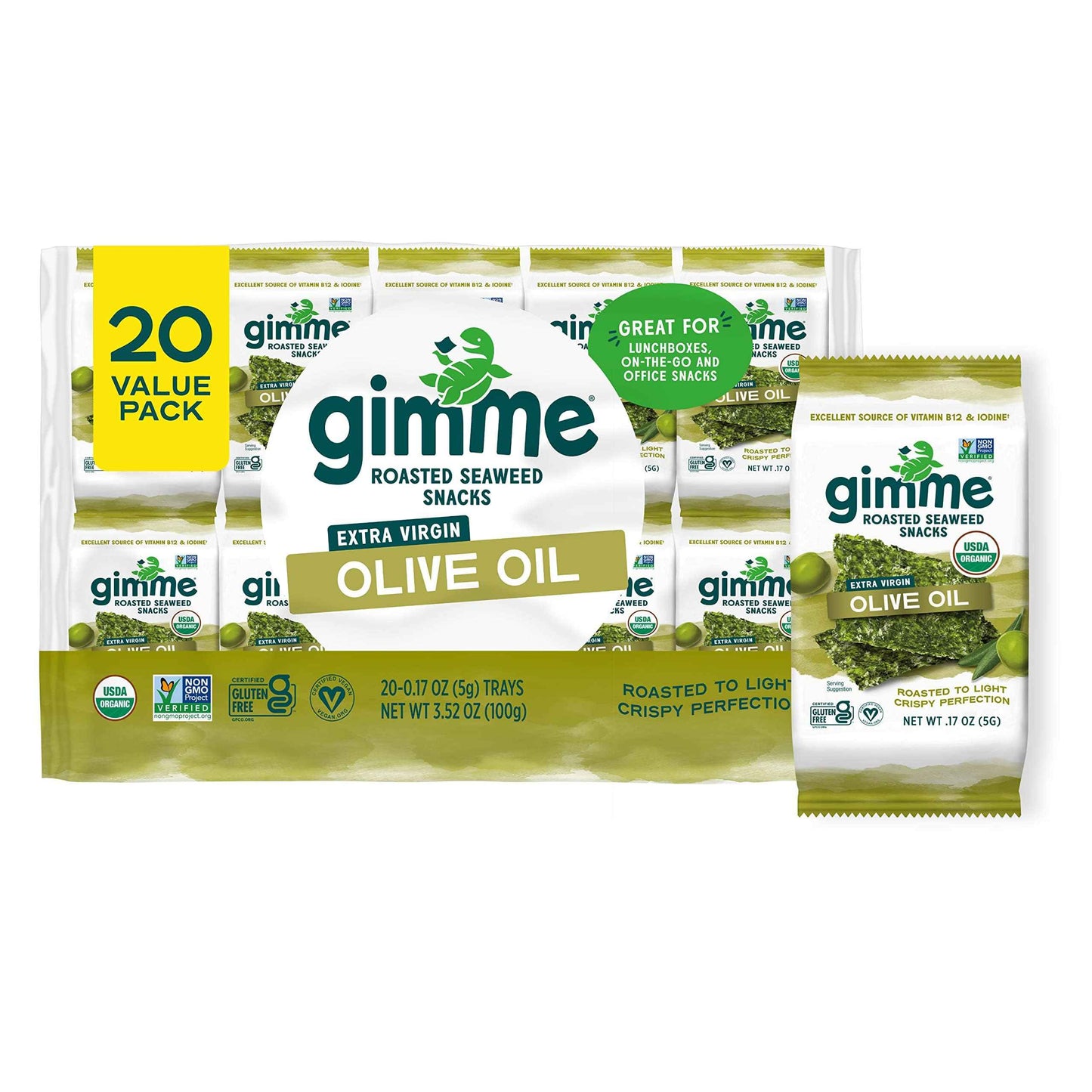 Gimme Seaweed Organic Premium Roasted Seaweed Snacks, Teriyaki, 20 Count, Keto, Vegan, Gluten-Free, Great Source of Omega3s and Iodine, Healthy On-The-Go Snack for Kids and Adults