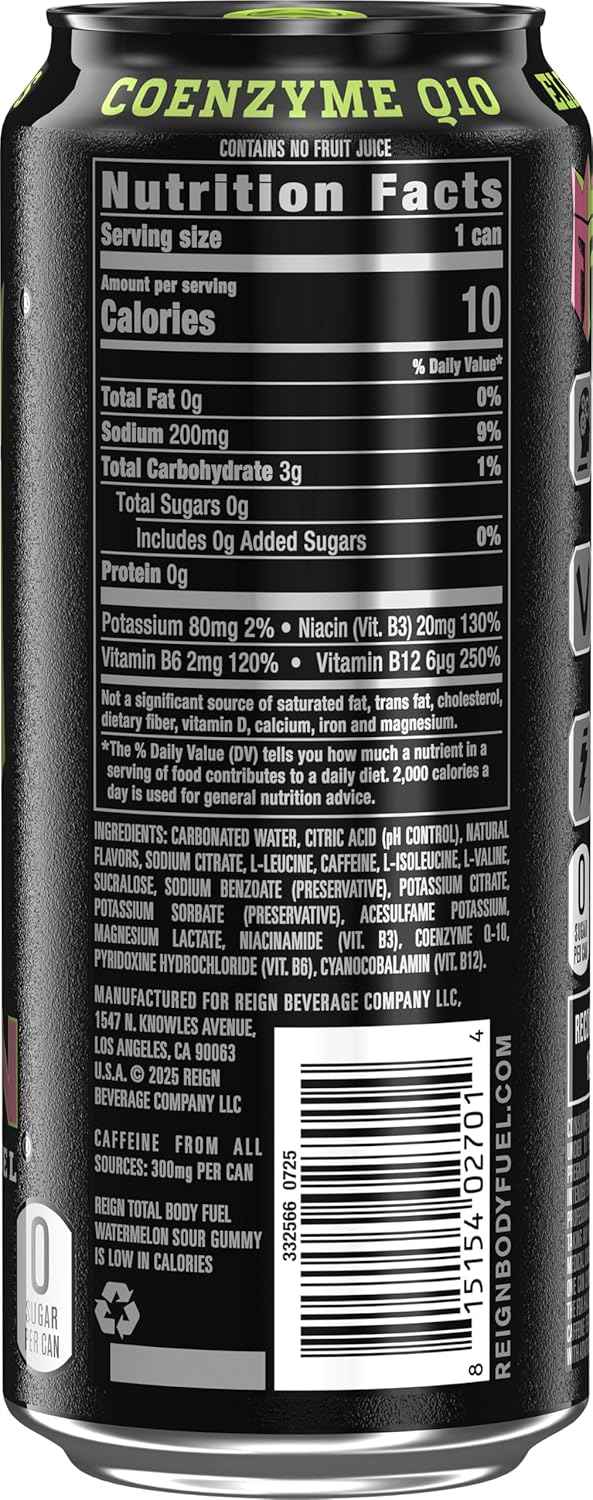 Reign Total Body Fuel, Watermelon Sour Gummy, Fitness & Performance Drink, 16 Fl Oz (Pack of 12)