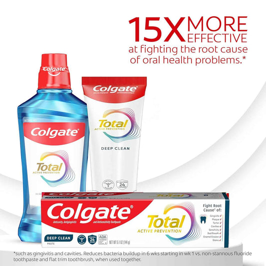 Colgate Total Active Prevention Deep Clean Toothpaste, Anticavity Fluoride Toothpaste, Clinically Proven Fluoride Formula Helps Fight Plaque Bacteria, Mint, 3 Pack, 5.1 oz
