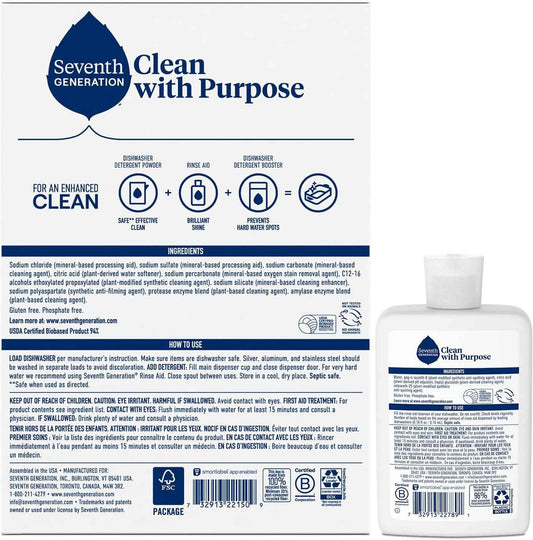 Seventh Generation Dishwasher Detergent Powder + Rinse Aid, Free & Clear, Biodegradable, Plant-Based & Fragrance-Free, Septic Safe