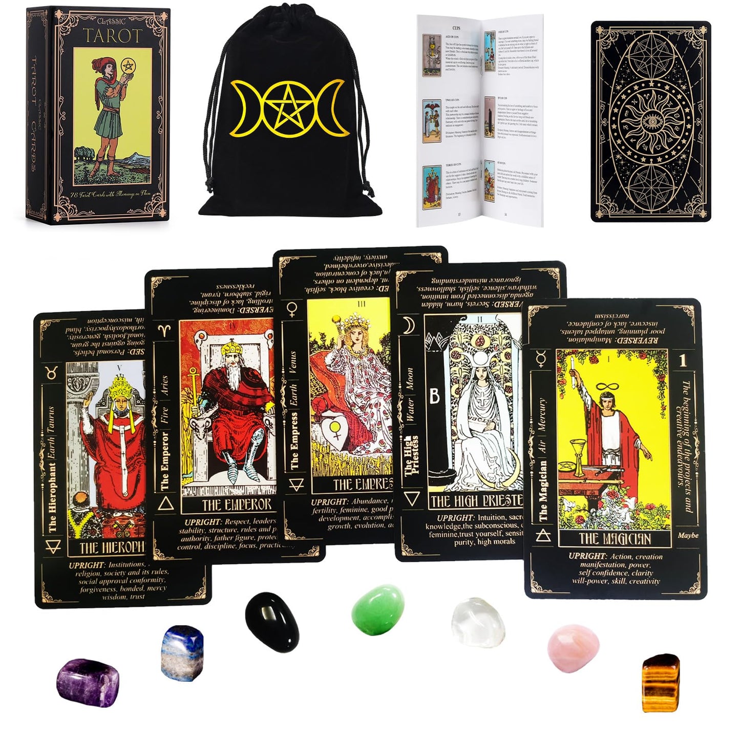 Fofeadm Tarot Cards Set with Guide Book/Linen Carry Bag/Chakra Stones, 78 Classic Original Tarot Cards Deck Fortune Telling Game with Meanings on Them for Beginners to Expert
