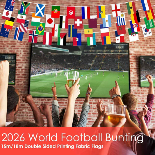 AhfuLife 48 Countries World Flag String Flags for World Cup Decorations, Double Sided Fabric Nations String Banner for Olympic Soccer Bar Club Garden Street Sports 2026 Party Decor (1 Pack, 5.5" x 8.3"-49 ft)