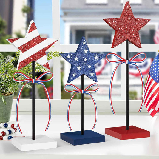 4th of July Tiered Tray Decor Wooden Star Set, 3 Pcs Memorial Day Table Decorations, Rustic Patriotic Tabletop Home Decor, Red White and Blue Decorations for Home