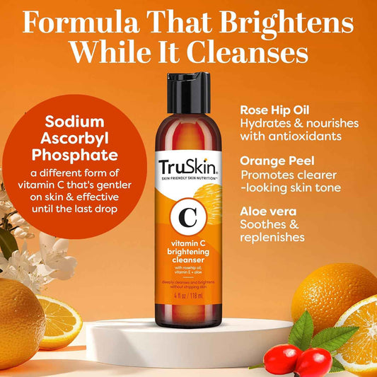 TruSkin Vitamin C Face Wash Cleanser - Brightening Facial Cleanser with Vitamins C & E, Rosehip Oil, Aloe Vera & MSM - Gently Cleanses, Refreshes & Supports Radiant Skin