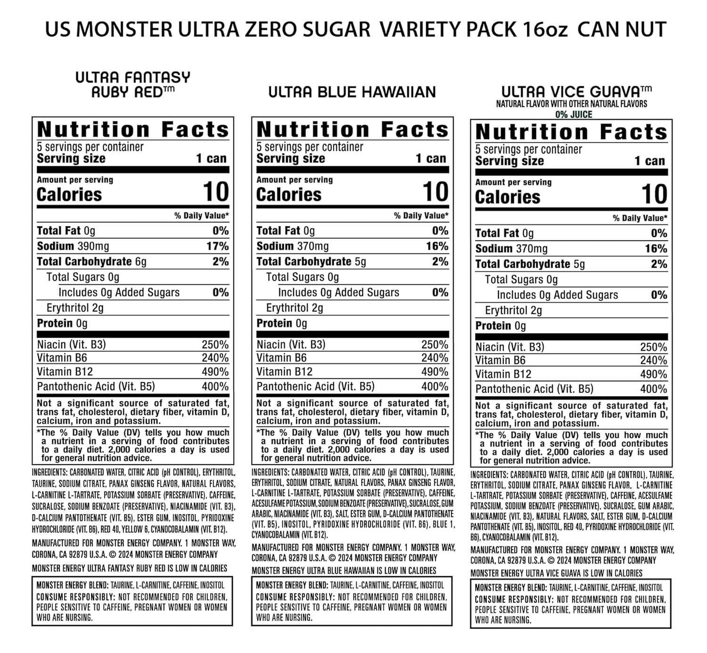Monster Energy Ultra Variety Pack, Blue Hawaiian, Ultra Vice Guava, Ultra Fantasy Ruby Red, Sugar Free Energy Drink, 16 Ounce Can (Pack of 15)