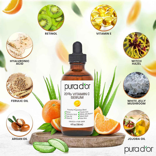 PURA D'OR 20% Vitamin C Facial Serum 4 Oz Antioxidant Blend w/Retinol, Hyaluronic Acid, Vitamin E, Ferulic Acid - Hydrating Lightweight Skincare Formula - Men Women Daily Use After Bath Oil Skin Care