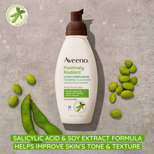 Aveeno Clear Complexion Foaming Oil-Free Facial Cleanser with Soy Extract & 0.5% Salicylic Acid, Acne Treatment Face Wash for Acne-Prone Skin, Sulfate-Free & Hypoallergenic