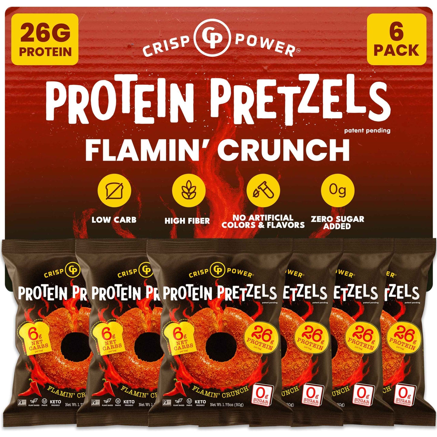 CRISP POWER Protein Pretzels, Variety Pack With Sea Salt, Sesame, & Everything, Up To 28G Protein, High Protein Snack, High Fiber, Low Carb Crunchy Pretzel Snacks, No Added Sugar, 1.75 oz Bags, 6 Pack, Vegan, Keto
