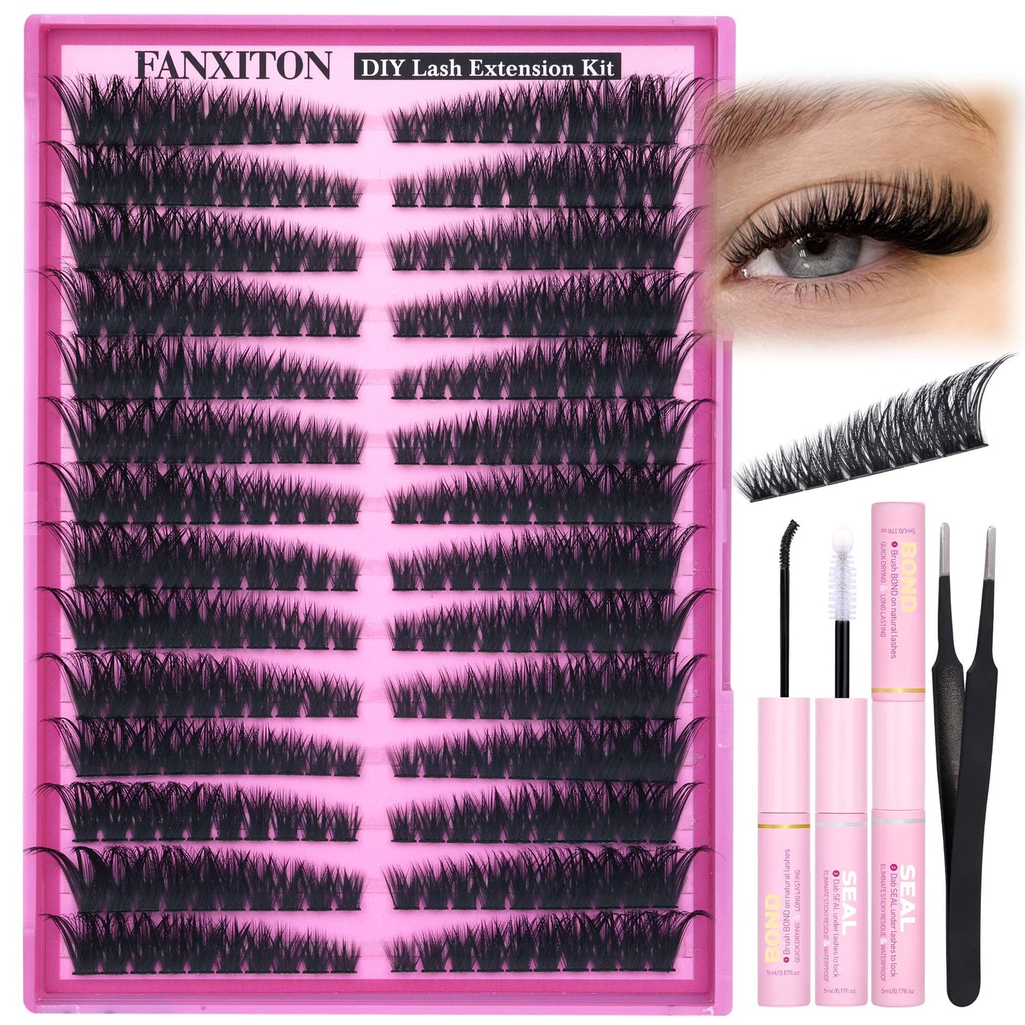 Volume Lash Clusters Kit Thick Cluster Eyelashes Extensions Fox Eye Lash Extensions Eyelash Clusters Kit C Cat Eye DIY Individual Lashes with Lash Bond and Seal and Lash Tweezers