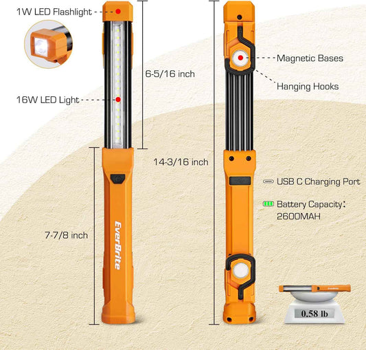 EverBrite 1000LM LED Work Light – Hands-Free Productivity Light for Engine Repair and Attic Insulation, Magnetic Base and Hooks