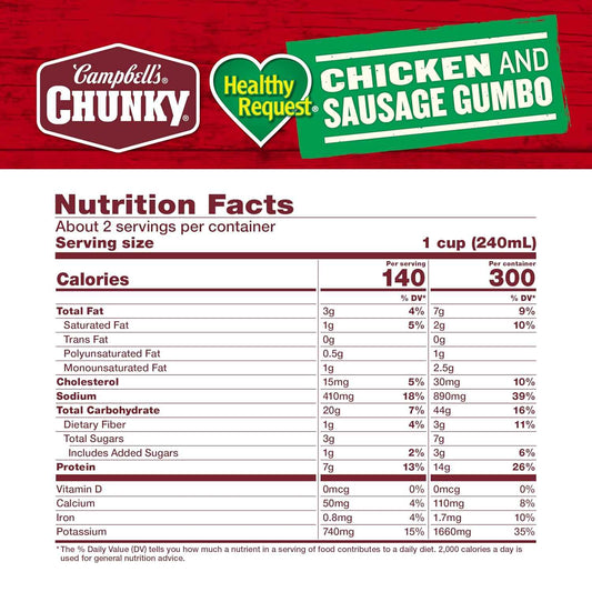 Campbell's Chunky Healthy Request Chicken and Sausage Gumbo Soup, 18.8 Oz Can – Antibiotic-Free Chicken Protein Lunch