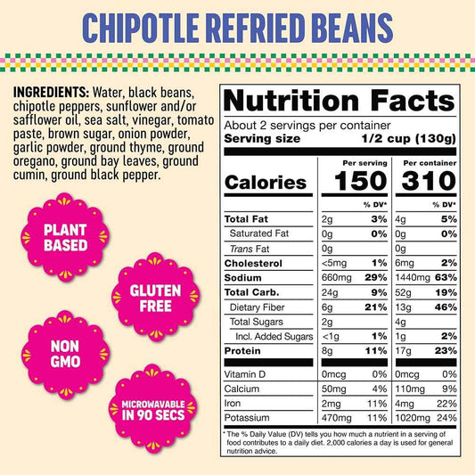 Somos Refried Chipotle Black Beans 10 oz – Shelf-Stable Side for Campsite and Tailgate Cooking