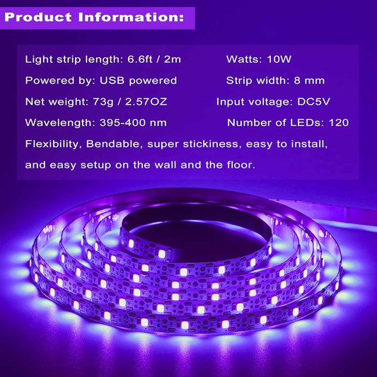 Blacklight Strip Lights for Living Room Decor, 120 LED Bead USB Powered UV Bar for Ambient Purple Glow