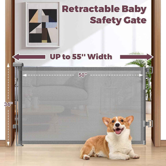 Retractable Baby Gate for Stairs & Doorways – Trip-Free Mesh Barrier for Toddler Fall Prevention, 55" Wide Child Safety Gate