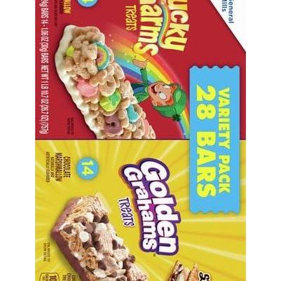 Golden Grahams Lucky Charms Cereal Treat Bars – Office Desk Drawer Snack for Work Breaks, 28 Individually Wrapped Bars