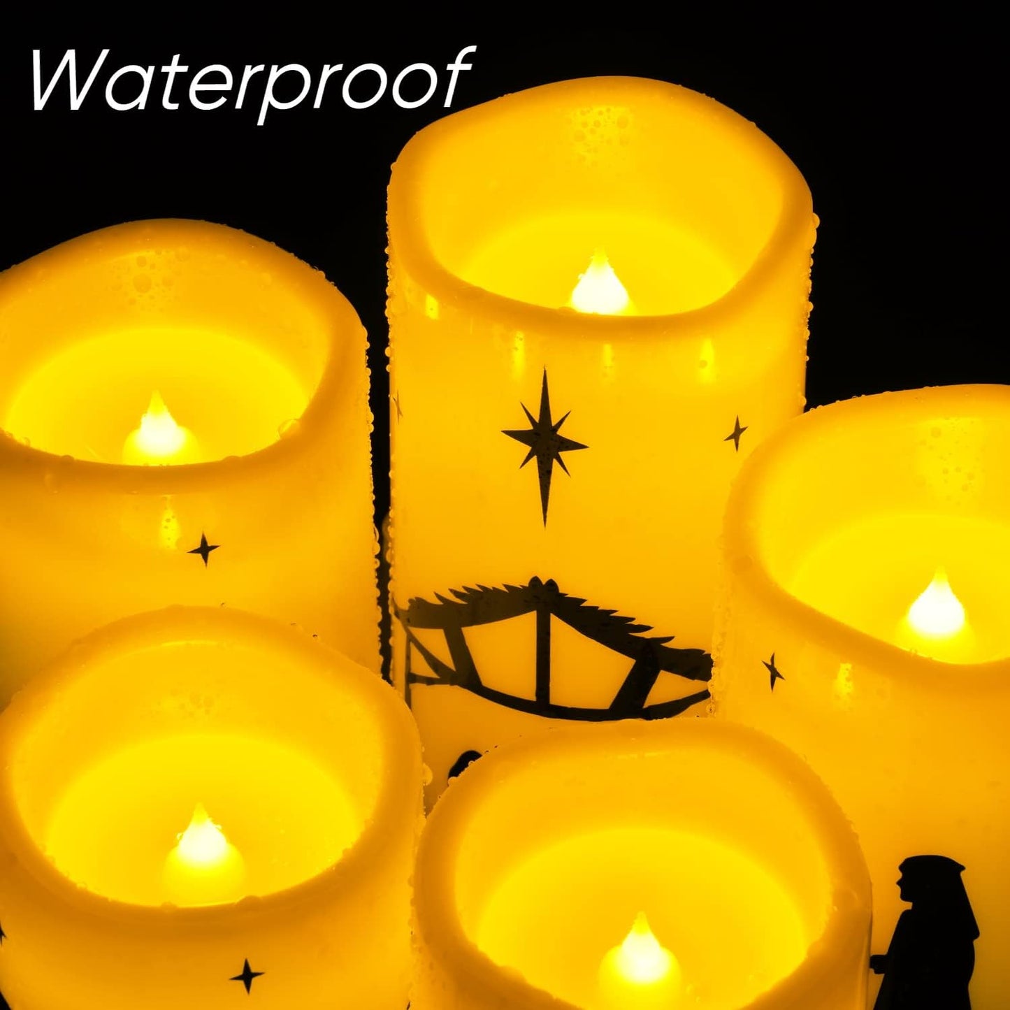 Homemory Flameless Nativity Pillar Candles - Child and Pet Safe LED Christmas Decor with Auto-Off Timer, 5 Pack