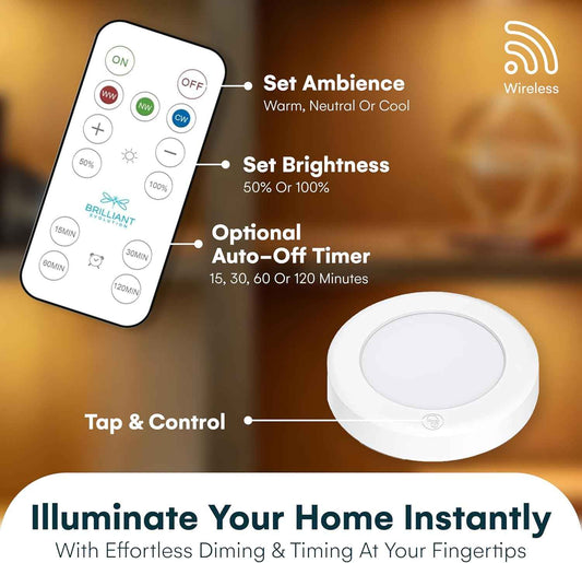 Brilliant Evolution Wireless LED Puck Light 3 Pack – Living Room Aesthetic Lighting with Remote Dimmable Glow