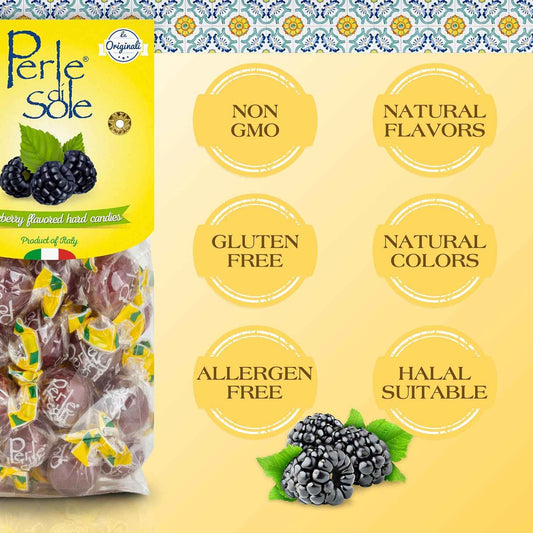 Perle di Sole Blackberry Italian Hard Candy Individually Wrapped – Premium Gourmet Confections, Imported Blackberry Bonbon with Fizzy Heart