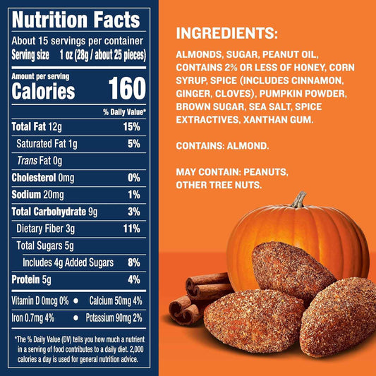 PLANTERS Fall Edition Pumpkin Spice Almonds 15.25 oz Resealable Canister – Portable Seasonal Snack for Camping Trips and Road Trips, Plant-Based Protein for Outdoor Adventures