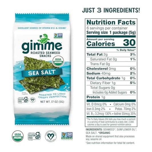 Gimme Seaweed Organic Roasted Seaweed Snacks – Healthy Lunchbox Snack for Picky Eaters, 6 Single-Serve Packs
