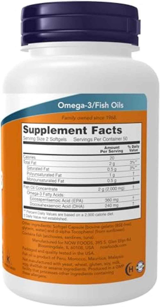 NOW Supplements Omega-3 180 EPA / 120 DHA Simple Daily Heart Supplement, 100 Softgels