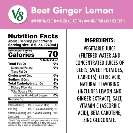 V8 Beet Ginger Lemon 100% Vegetable Juice – Daily Self-Care Beverage with Vitamins A, C and Zinc, 46 fl oz