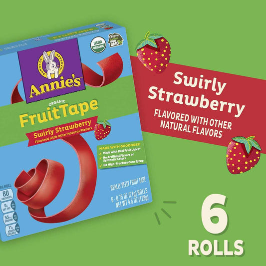 Annie's Organic Fruit Tape Swirly Strawberry – Hostess Gift Snack Basket Addition, 6 Non-GMO Organic Rolls