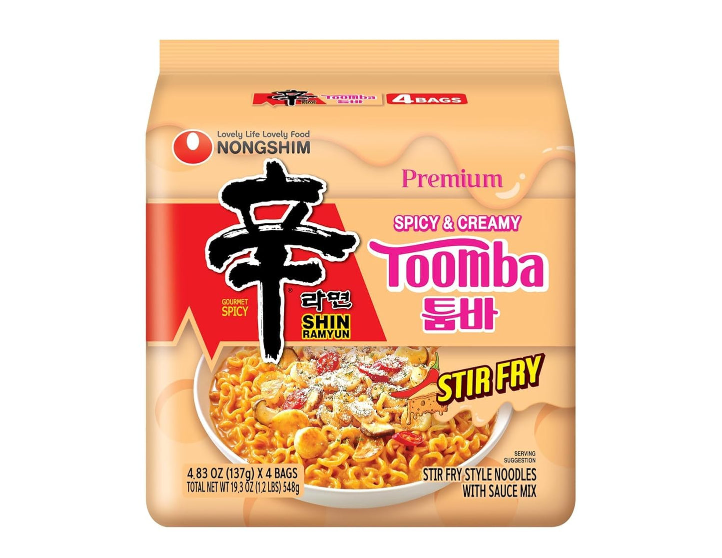 Nongshim Shin Toomba Spicy Creamy Stir Fry Ramen – Kettle-Only Camping Dinner for Backcountry Trips, Pack of 4