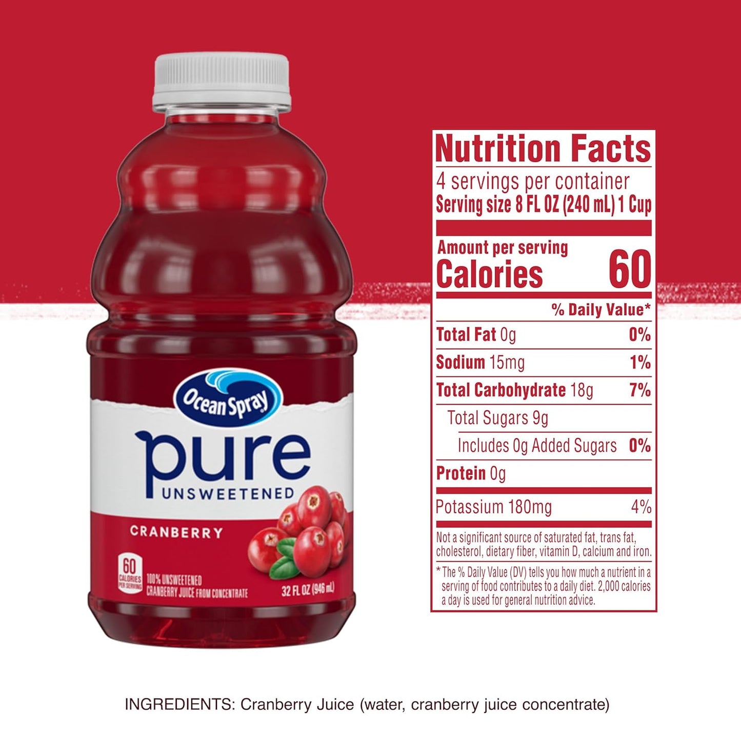 Ocean Spray® Pure Unsweetened Cranberry Juice – Versatile Fridge Staple for Cooking, Baking, and Cocktails, 32 Fl Oz
