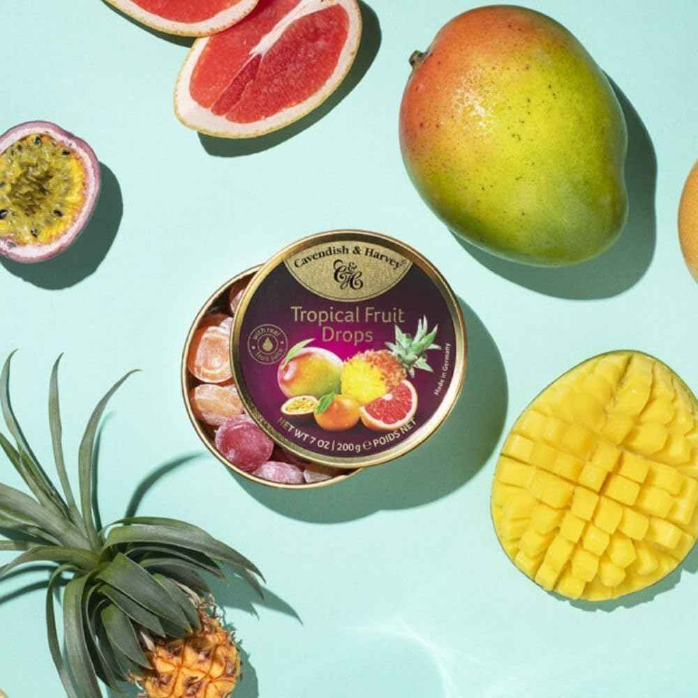 Cavendish & Harvey Tropical Fruit Hard Candy Drops – Long-Lasting Tropical Escape for Quiet Evenings and Tea Time, 7 Oz